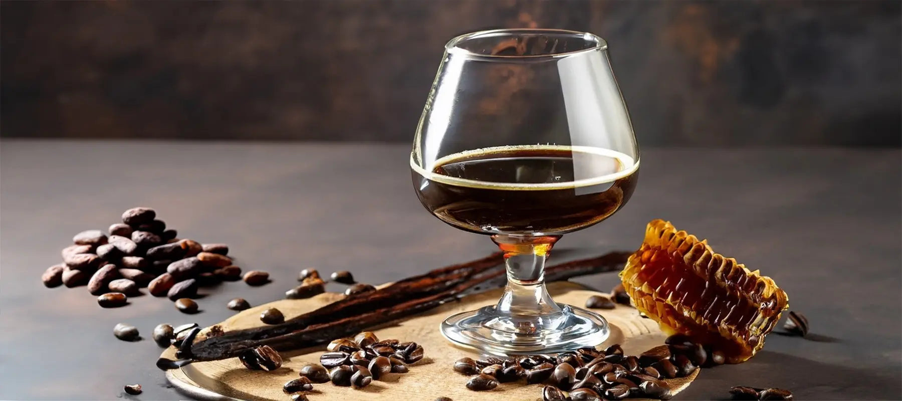 Photograph of a glass of MOCA, sparkling mead with cacao, coffee, and vanilla.