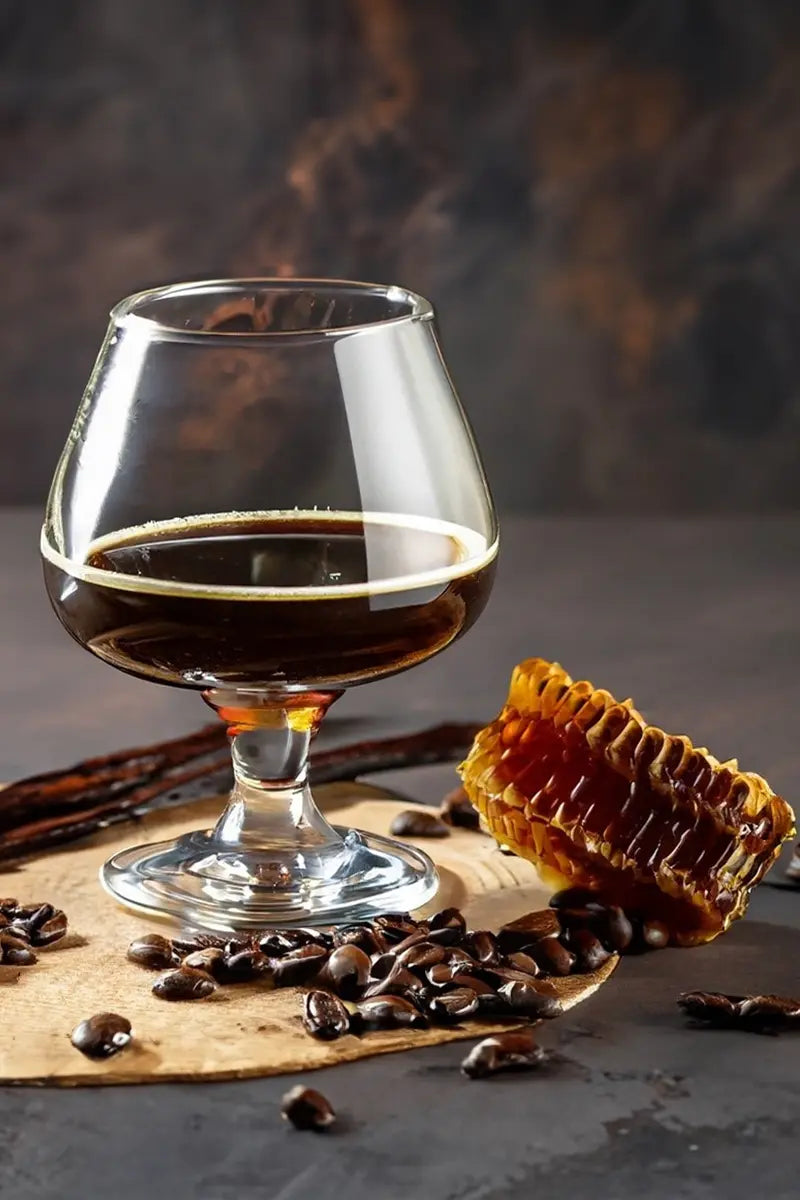 Portrait photograph of a glass of MOCA, a sparkling mead with cacao, coffee, and vanilla.