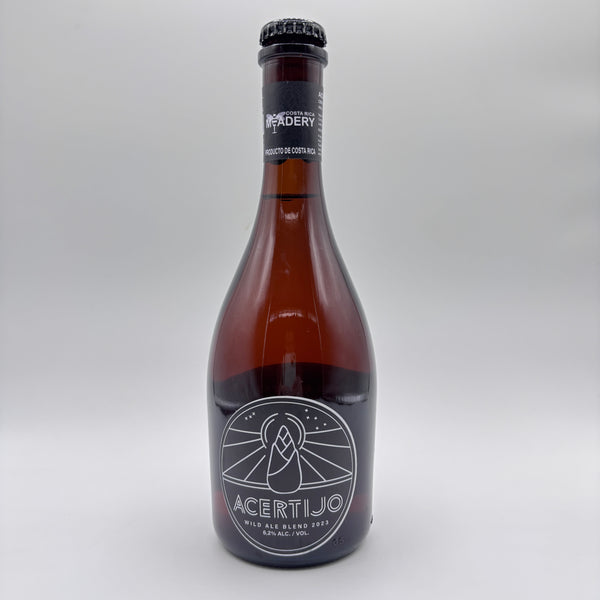 Vista frontal de la botella de Acertijo Wild Ale Blend con ilustración geométrica en la etiqueta sobre un fondo neutro.