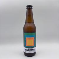 Botella de hidromiel Caribeño con jengibre y malta de maíz criollo, con diseño geométrico de colores en la etiqueta sobre un fondo neutro.