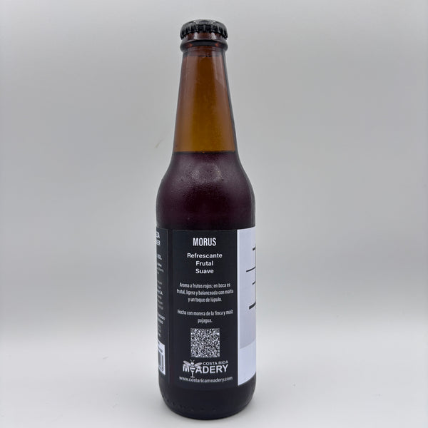 Vista lateral de la botella de Cerveza Morus mostrando en la etiqueta los descriptores Refrescante, Frutal y Suave, junto con el logo de Costa Rica Meadery y un código QR sobre un fondo neutro.