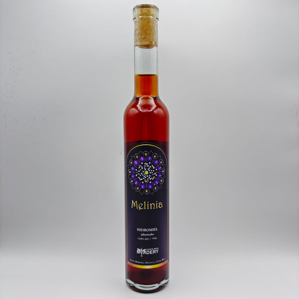 Botella estilizada de hidromiel Melinia con jaboticaba, mostrando una etiqueta oscura con un diseño mandálico morado y dorado sobre un fondo neutro.